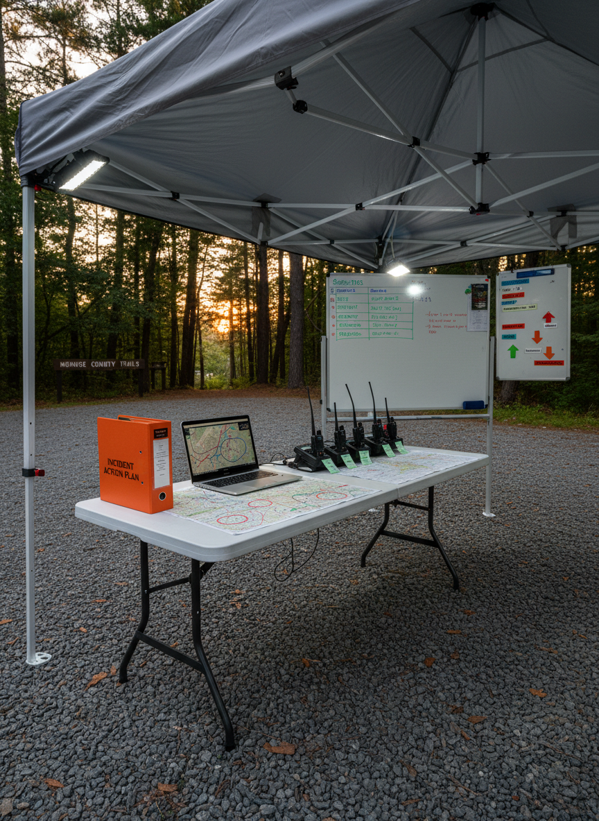 An organized incident command post setup under a sturdy canopy tent in a gravel parking area near a wooded trailhead. A collapsible plastic table holds a neatly arranged laptop displaying a digital map, printed topographic maps of Monroe County, colored markers, a weatherproof incident action plan binder, and labeled radio chargers. Behind the table, a whiteboard and incident command board are covered with legible, color-coded entries and magnetic unit markers. Late afternoon natural light combines with cool LED work lights mounted under the canopy, creating balanced, shadow-free illumination. Photographed at an eye-level, slightly wide angle with crisp detail, the scene feels structured, professional, and efficient, highlighting organized multi-agency coordination in photographic realism.